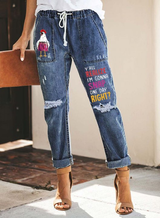 Women's Jeans Letter Color Block Straight Mid Waist Daily Full Length Casual Drawstring Jeans