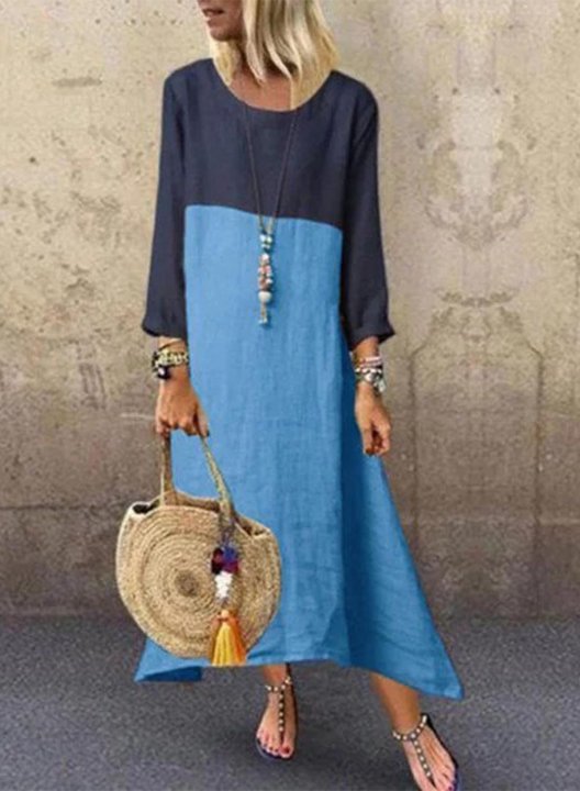 Women's Maxi Dresses Color Block Long Sleeve A-line Round Neck Casual Daily Maxi Dress