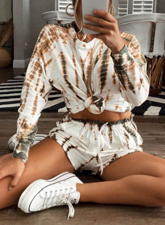 Women's Tie Dye Longwear Shorts Suits Long Sleeve Round Neck Casual Pajama Set