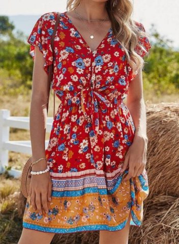 Women's Mini Dresses Fashion Floral Color Block Short Sleeve V Neck Vacation Beach Dress