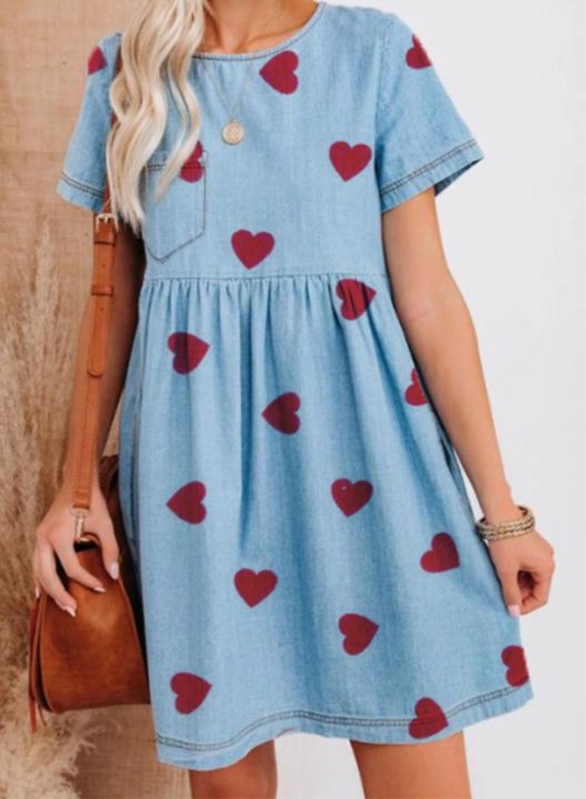 Women's Mini Dresses Fashion Color Block Heart-shaped Short Sleeve Round Neck Casual Date Dress