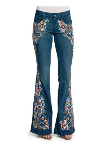 Women's Jeans Flare Floral Mid Waist Embroidery Full Length Casual Jeans