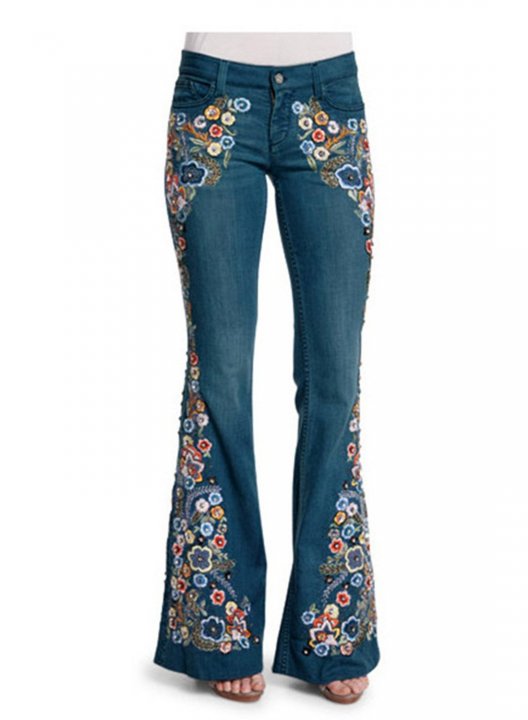 Women's Jeans Flare Floral Mid Waist Embroidery Full Length Casual Jeans