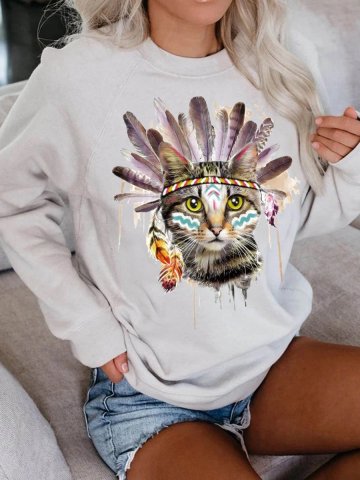 Women's Cat Feather Bohemia Print Sweatshirts