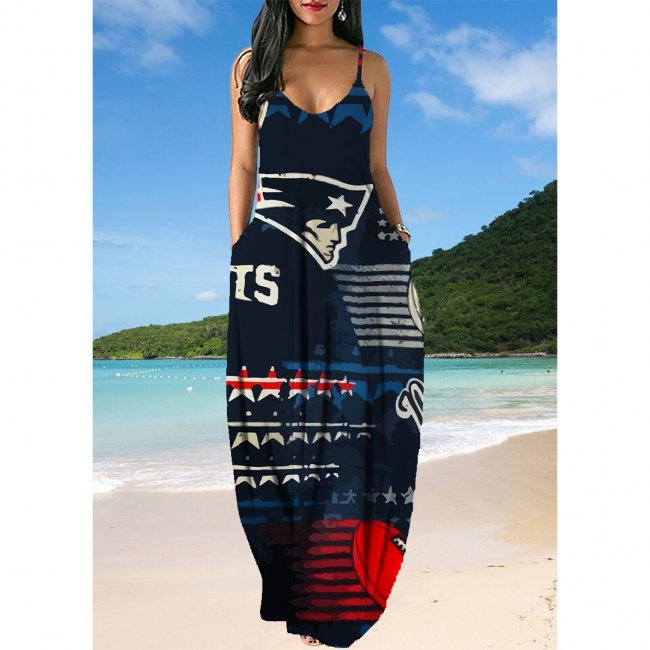 Small V-neck New England Patriot Sleeveless Sling Long Loose Dress