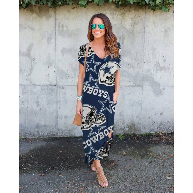 V-neck Cowboys Print Short-Sleeved Loose Long Dress