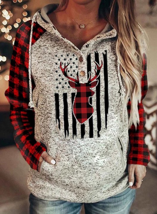 Women's American Flag & Deer Print Hoodie Color-block Plaid Print Long Sleeve Hoodie