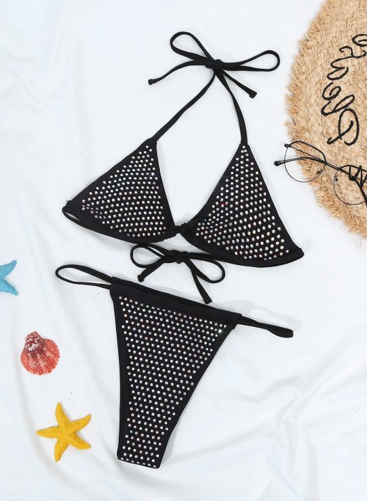 Women's Triangle Bikini Set Solid Rhinestones Low Rise Halter Adjustable Wire-free Padded Vacation Swimsuit