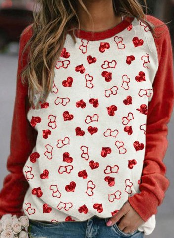Women's Heart Print Sweatshirts Color Block Long Sleeve Round Neck Casual Sweatshirt