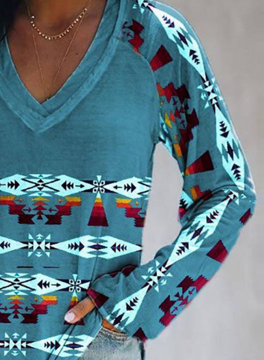 Women's T-shirts Geometric Color Block Tribal Long Sleeve V Neck Daily T-shirt