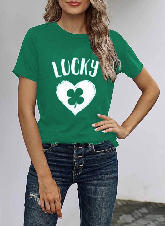 Women's St Patrick's Day T-shirts Color Block Lucky Shamrock Print Short Sleeve Round Neck Daily T-shirt