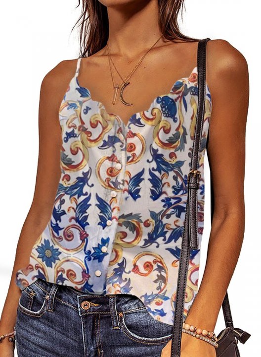 Women's Cami Tops Tribal Button Sleeveless Spaghetti Casual Boho Cami Tops