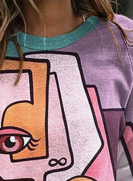 Women's Abstract Art Face Sweatshirt Casual Color Block Round Neck Long Sleeve Daily Pullovers