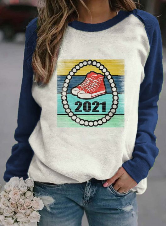 Women's Sweatshirts Color Block Letter Print Long Sleeve Round Neck Raglan Sleeves Sweatshirt