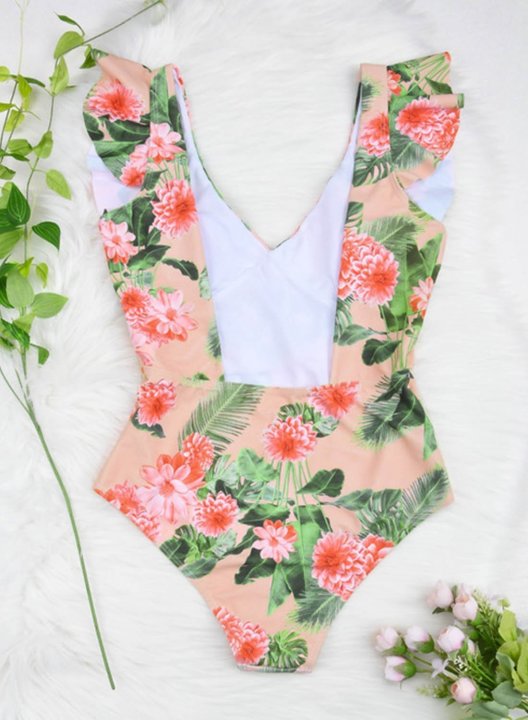 Women's One Piece Swimwear Floral V Neck Short Sleeve Under-wire Ruffle Casual One-Piece Swimsuits One-Piece Bathing Suits