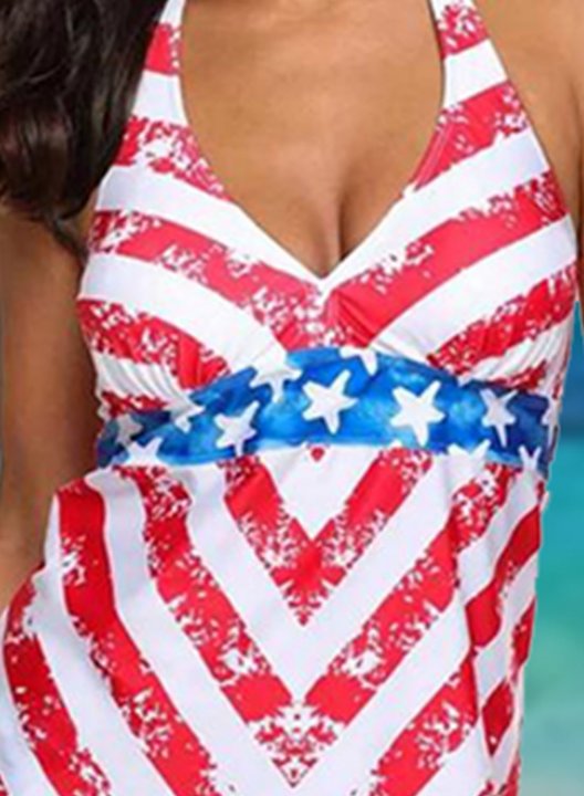 Women's Tankinis American Flag Drawstring Padded V Neck Tankini