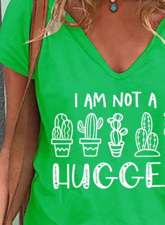 Women's I'm Not A Hugger Cactus T-shirts Letter Clover Print Short Sleeve V Neck Daily T-shirt