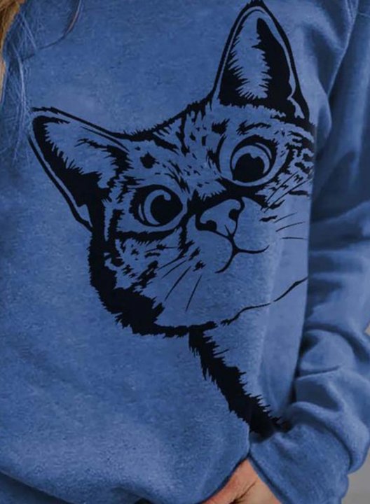 Solid Cat Print Round Neck Long Sleeve Sweatshirt