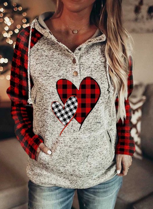 Women's Hoodies Plaid Heart Print Pocket Hoodie