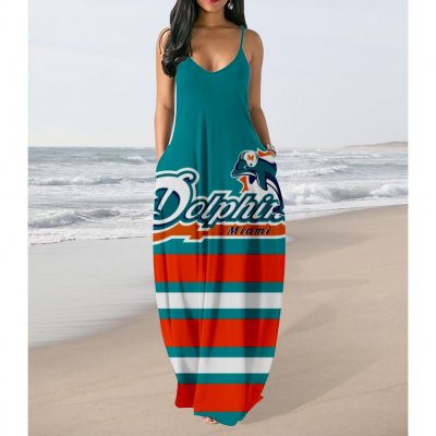 Women's Miami Dolphins Team Print Sling Pocket Sleeveless Loose Holiday Style Long Dress