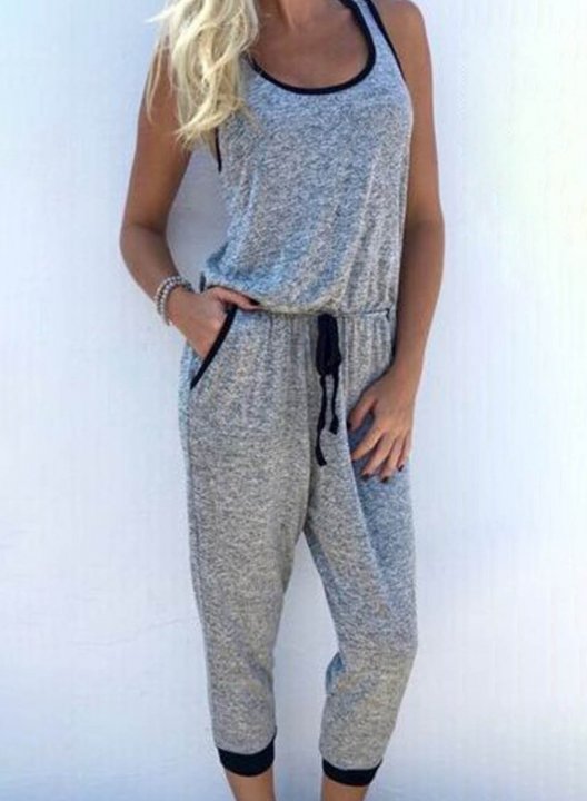 Women's Jumpsuits Color Block Mid Waist Casual Sporty Drawstring Cropped Pants Jumpsuits