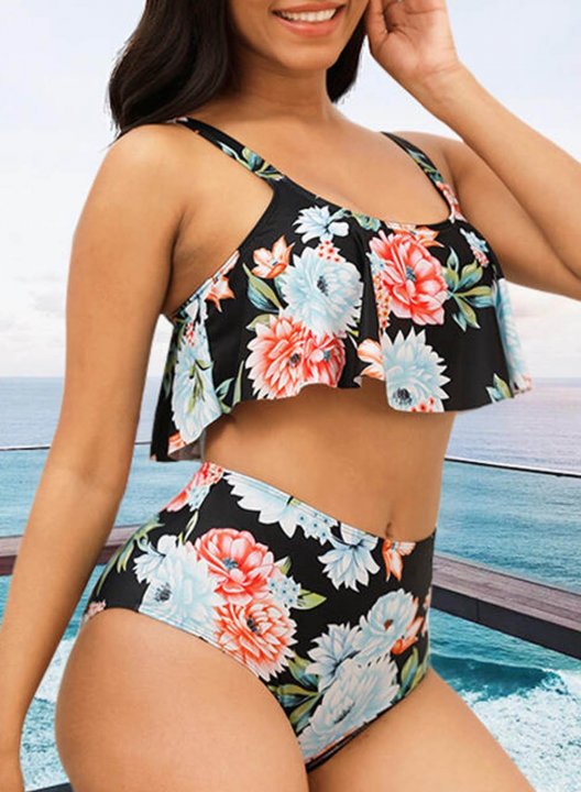 Women's Bikinis Floral High Waist Sleeveless Round Neck Padded Ruffle Unadjustable Wire-free Beach Casual Bikini Suit