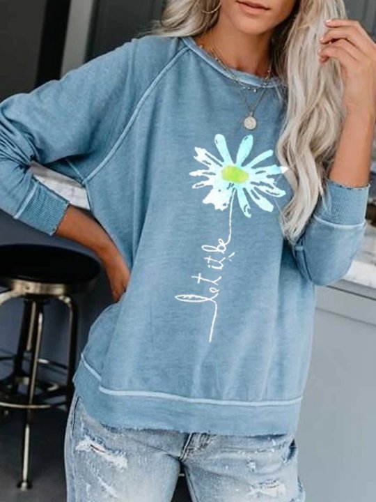 Solid Floral Long Sleeve Round Neck Sweatshirt