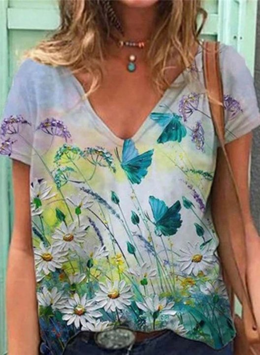 Women's T-shirts Color Block Floral Print Short Sleeve V Neck Daily T-shirt