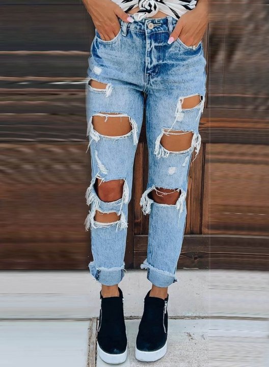 Women's Jeans Slim Solid High Waist Daily Full Length Ripped Casual Jeans