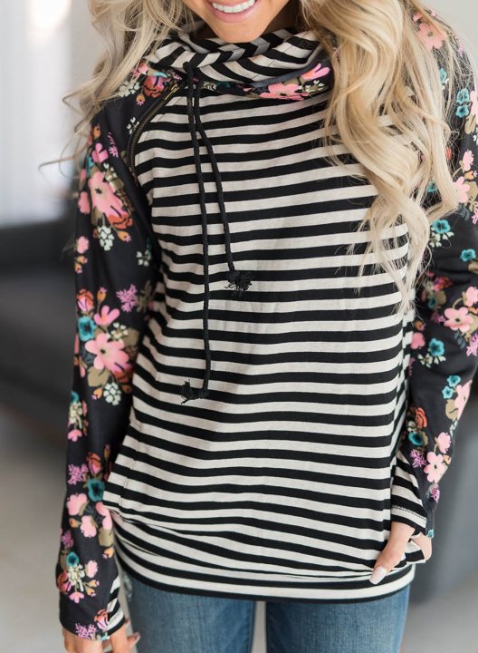 Floral-Print Paneled Striped Pocket Hoodie