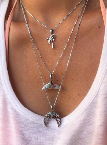 Women's Necklaces Ancient Silver Whale Tail Geometric Moon Turquoise Beach Coconut Tree Three-layer Necklace