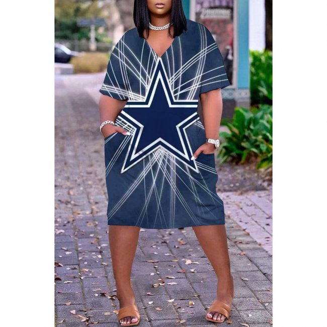 Dallas Cowboys Print Fashion Casual V Neck Short Sleeve Dress