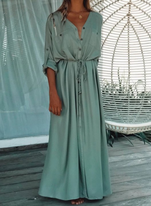 Women's Maxi Dress Solid Shift Button Pocket 3/4 Sleeve V Neck Casual Beach Maxi Dress