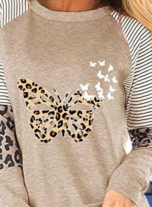 Women's T-shirts Color-block Striped Leopard Butterfly Print Long Sleeve Round Neck Daily T-shirt