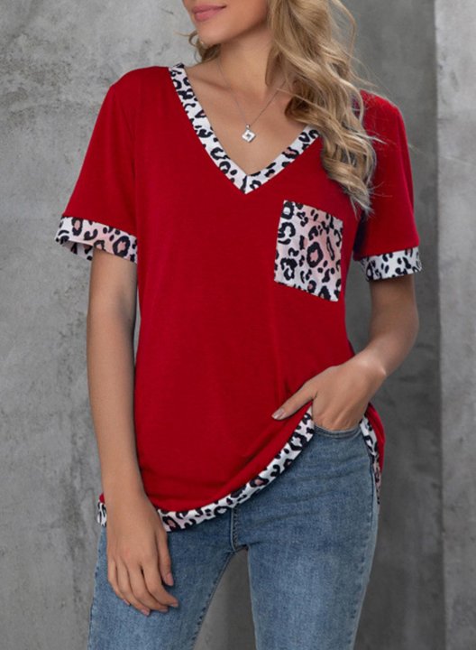 Women's T-shirts Color Block Leopard Short Sleeve V Neck Daily T-shirt