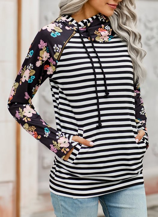 Floral-Print Paneled Striped Pocket Hoodie