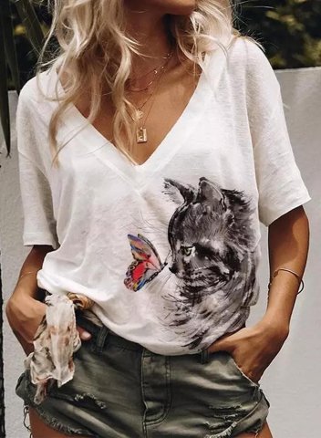 Women's T-shirts Cat Print Short Sleeve V Neck Daily T-shirt