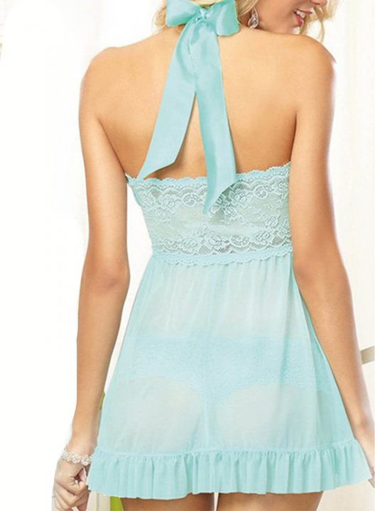 Women's Nightdresses Solid Sleeveless Halter Ruffle Adjustable Two-piece Sheer Mesh Nightdress