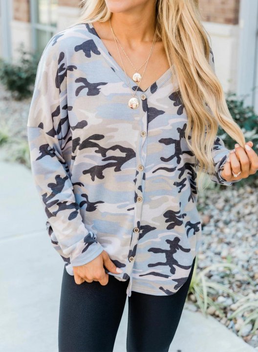 Camo Long Sleeve V Neck Button Sweatshirt