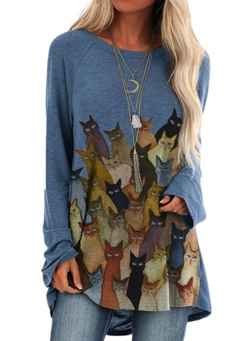 Women's Pullovers Cat Print Long Sleeve Round Neck Casual Tunic Pullover