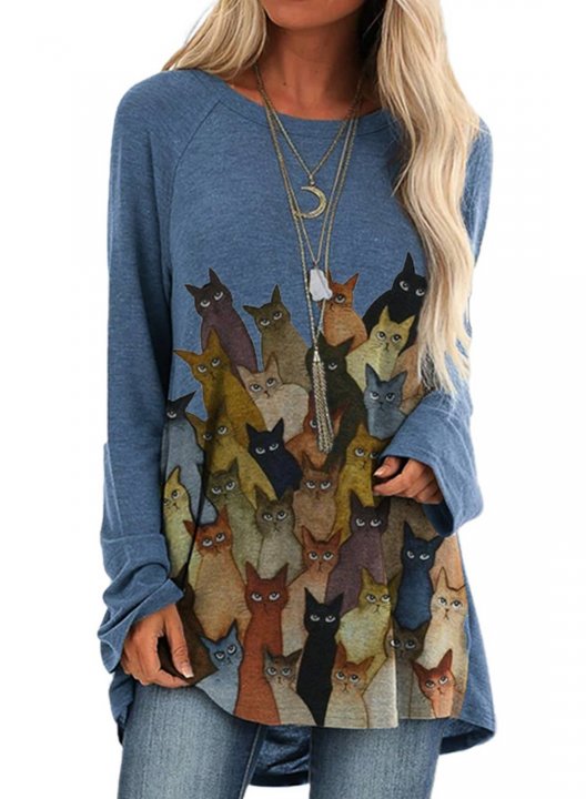 Women's Pullovers Cat Print Long Sleeve Round Neck Casual Tunic Pullover