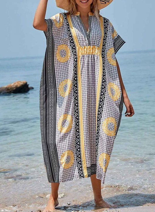 Women's Maxi Dresses Color Block Tribal Floral Short Sleeve Shift V Neck Boho Vacation Beach Maxi Dress