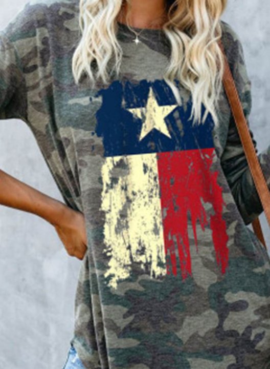 Women's Texas Independence Day Tunic Tops Camouflage Flag Round Neck Long Sleeve Daily Casual Tunics