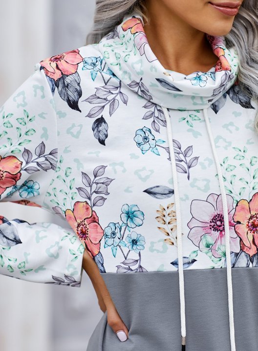 Color Block Long Sleeve High Neck Floral Sweatshirt