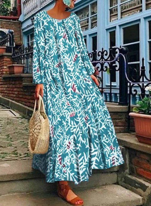 Women's Maxi Dresses Multicolor Butterfly Long Sleeve Round Neck Vintage Casual Maxi Dress