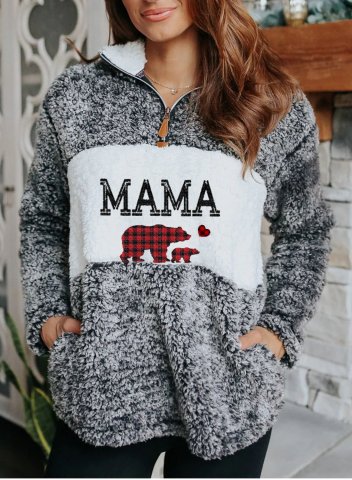 Women's Mama Bear Sweatshirts Turn Down Collar Long Sleeve Animal Print Color Block Sweatshirts