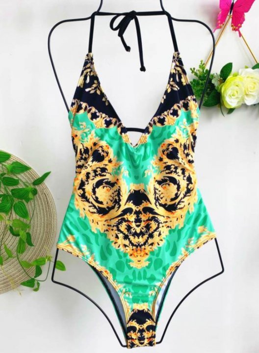 Women's One Piece Swimwear Leopard Tropical Print V Neck Open Back Knot One-Piece Swimsuit