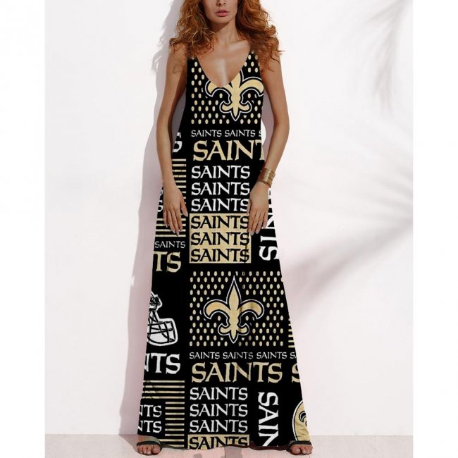 Women's Summer NEW ORLEANS SAINTS Fan Print V-neck Sleeveless Loose Long A-line Dress