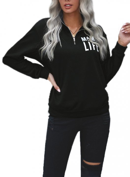 Solid Long Sleeve Letter V Neck Zip Front Sweatshirt