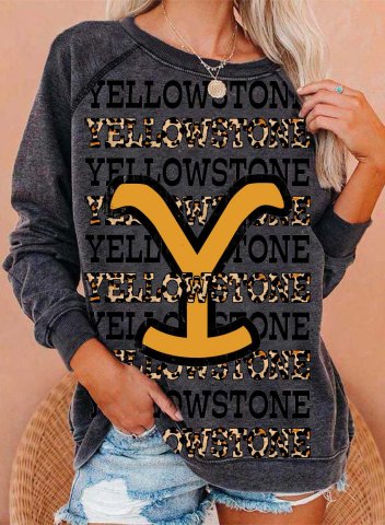 Women's Sweatshirts Yellowstone Letter Print Leopard Color Block Long Sleeve Round Neck Casual Sweatshirt